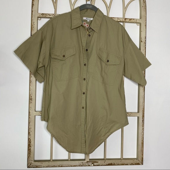 Madewell Short Sleeve Khaki Embroidered Button Up - Picture 3 of 5